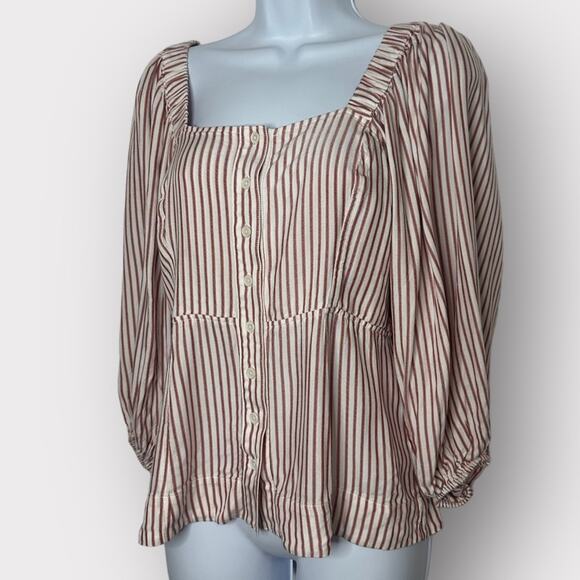 Cabi Carnival Top S Striped Bishop Sleeve Button Front Blouse Red White Blue - Picture 1 of 11